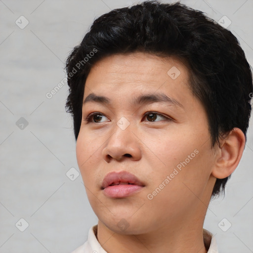 Neutral asian young-adult male with short  black hair and brown eyes