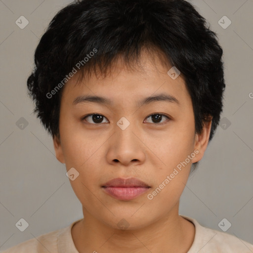 Neutral asian young-adult female with short  brown hair and brown eyes