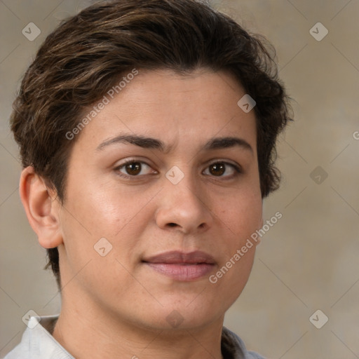 Joyful white young-adult female with short  brown hair and brown eyes