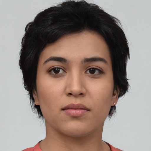 Neutral asian young-adult female with medium  black hair and brown eyes