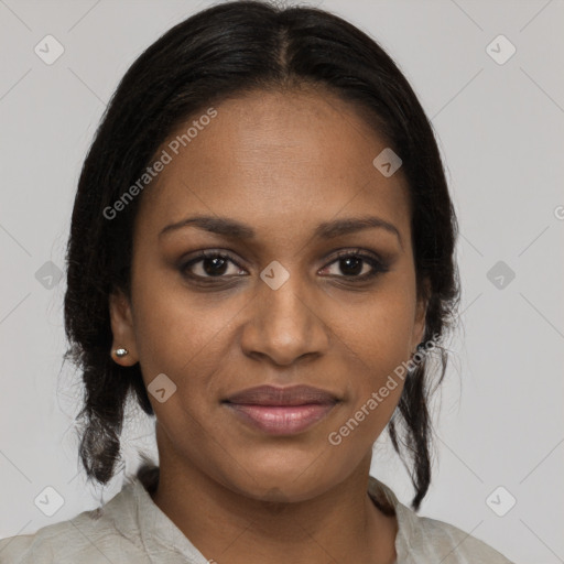 Joyful black young-adult female with medium  brown hair and brown eyes