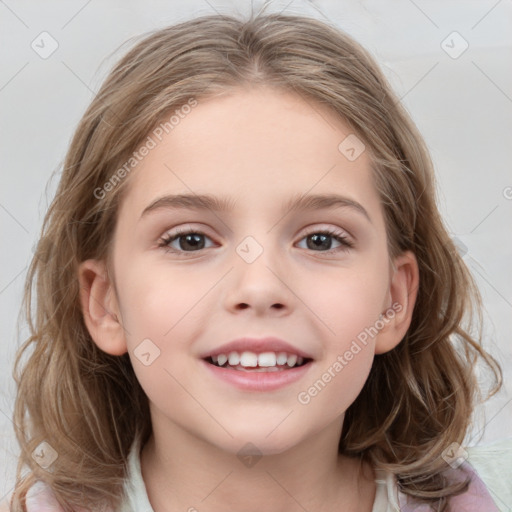 Joyful white child female with medium  brown hair and grey eyes