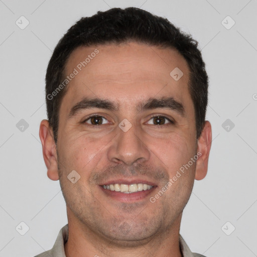 Joyful white young-adult male with short  brown hair and brown eyes