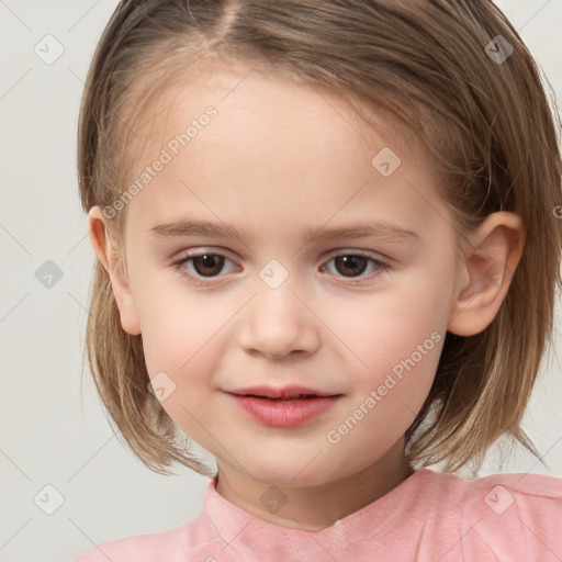 Joyful white child female with medium  brown hair and brown eyes