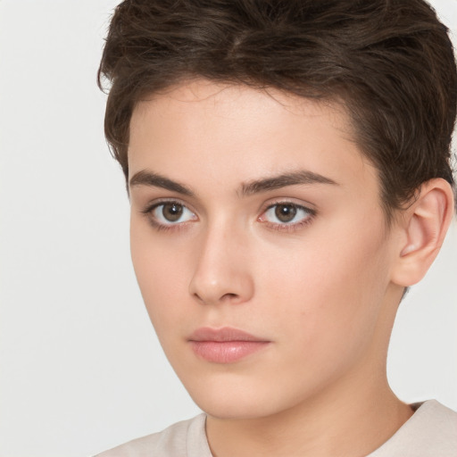 Neutral white young-adult female with short  brown hair and brown eyes