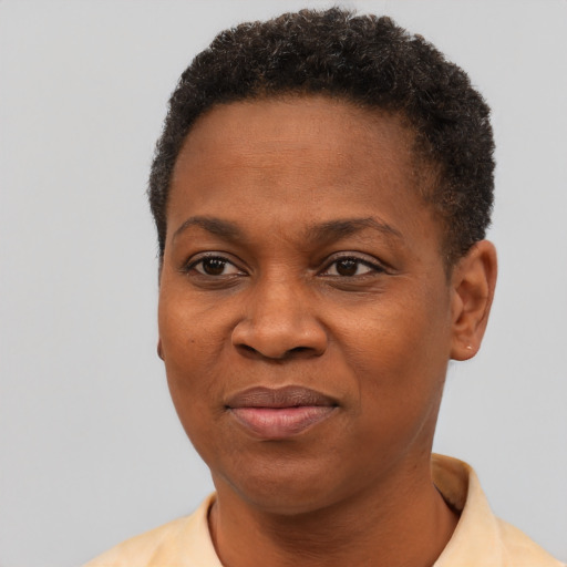Joyful black adult female with short  brown hair and brown eyes