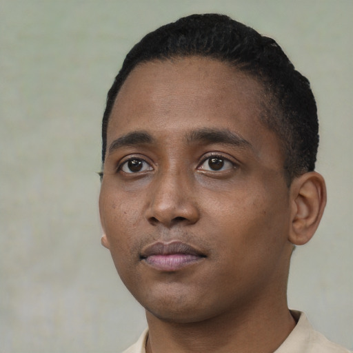Neutral black young-adult male with short  black hair and brown eyes