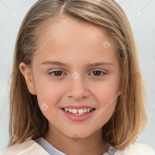 Joyful white child female with medium  brown hair and brown eyes