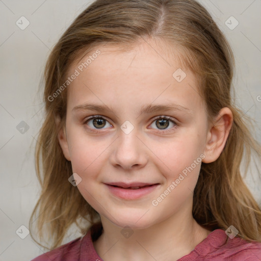 Joyful white child female with medium  brown hair and grey eyes