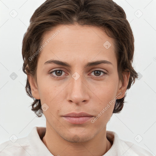 Neutral white young-adult female with short  brown hair and grey eyes