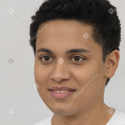 Joyful latino young-adult female with short  brown hair and brown eyes