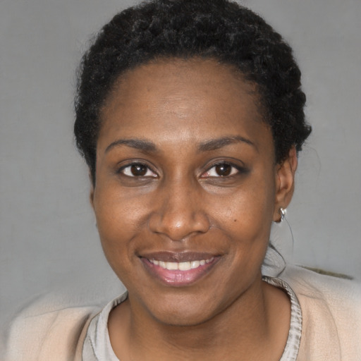Joyful black young-adult female with short  black hair and brown eyes