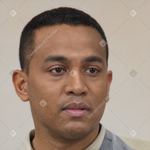Neutral latino young-adult male with short  brown hair and brown eyes