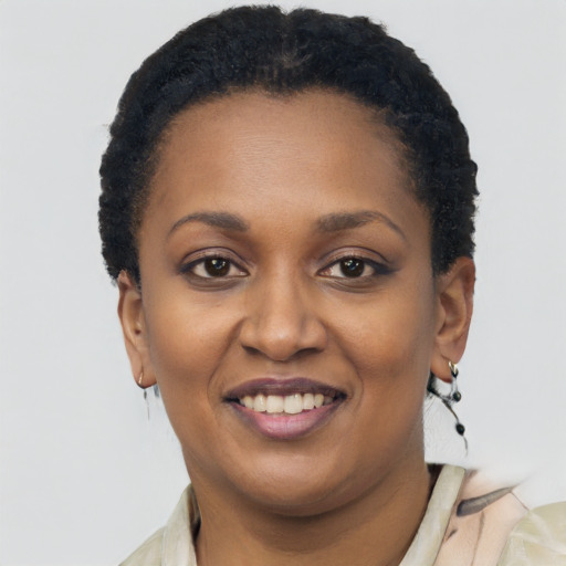 Joyful black young-adult female with short  brown hair and brown eyes