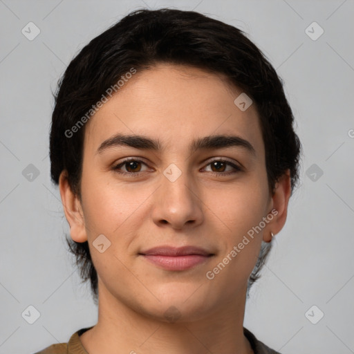 Joyful white young-adult female with short  brown hair and brown eyes