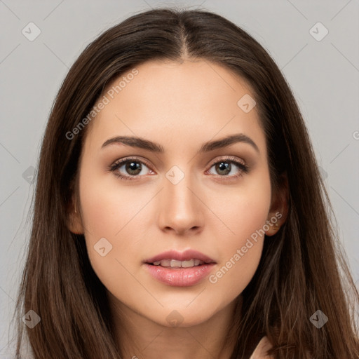 Neutral white young-adult female with long  brown hair and brown eyes