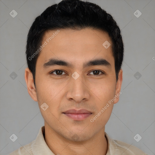 Joyful latino young-adult male with short  black hair and brown eyes