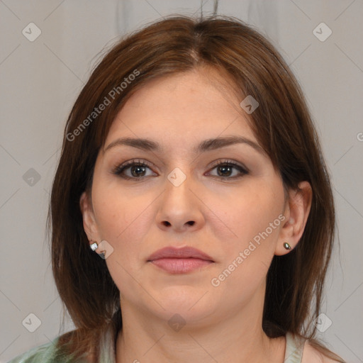 Neutral white young-adult female with medium  brown hair and brown eyes