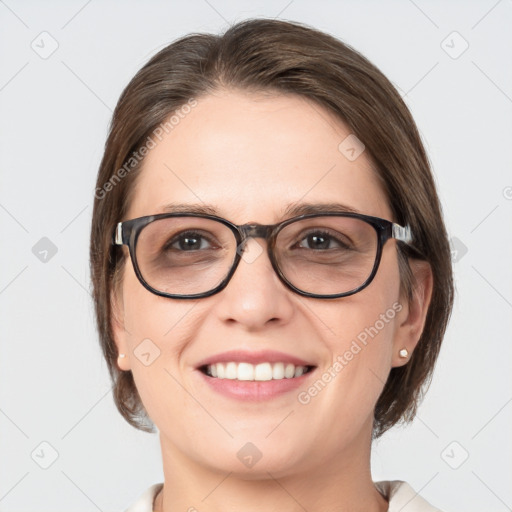 Joyful white young-adult female with medium  brown hair and blue eyes