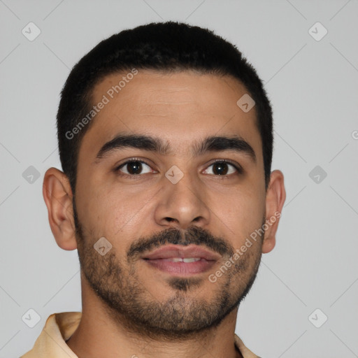 Joyful latino young-adult male with short  brown hair and brown eyes