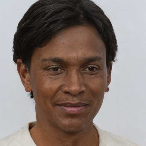Joyful black adult male with short  black hair and brown eyes