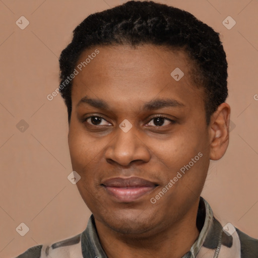 Joyful latino young-adult male with short  brown hair and brown eyes