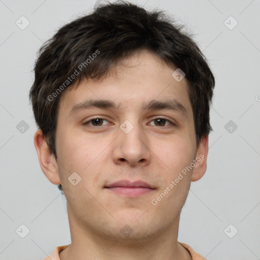 Neutral white young-adult male with short  brown hair and brown eyes