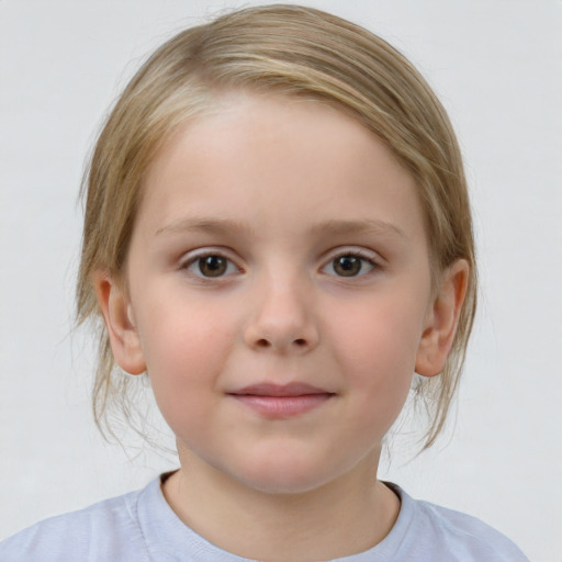 Joyful white child female with medium  brown hair and brown eyes