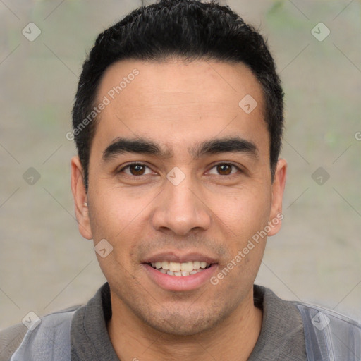 Joyful white young-adult male with short  black hair and brown eyes