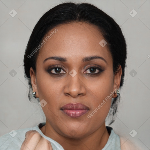 Joyful latino young-adult female with medium  black hair and brown eyes