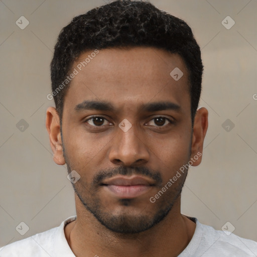 Neutral latino young-adult male with short  black hair and brown eyes