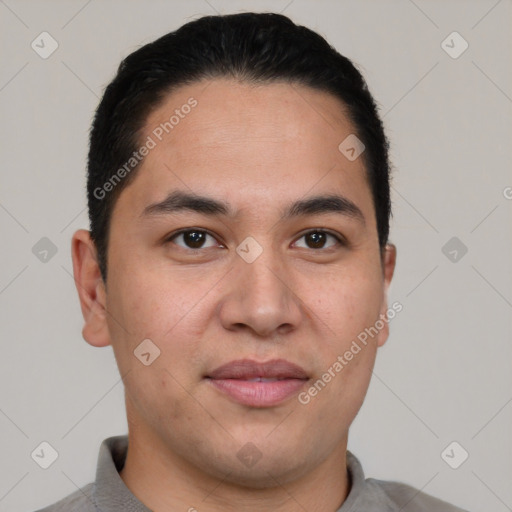 Joyful latino young-adult male with short  black hair and brown eyes