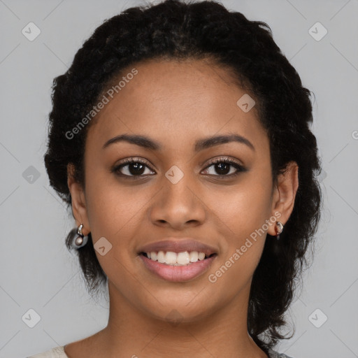 Joyful latino young-adult female with medium  black hair and brown eyes