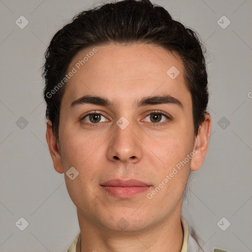 Neutral white young-adult male with short  brown hair and brown eyes