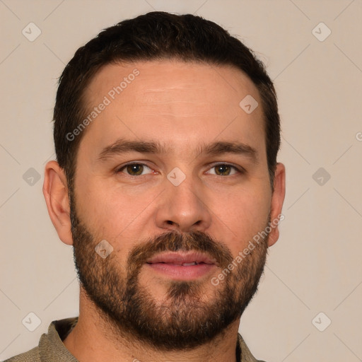 Neutral white young-adult male with short  brown hair and brown eyes