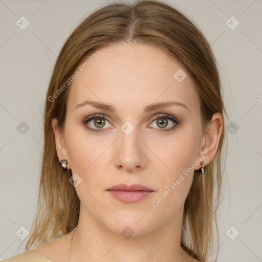 Neutral white young-adult female with medium  brown hair and green eyes