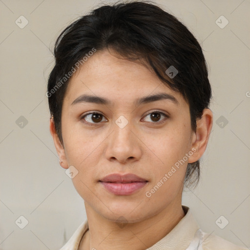 Neutral white young-adult female with short  brown hair and brown eyes