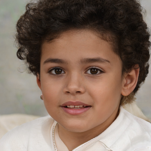 Joyful white child female with short  brown hair and brown eyes