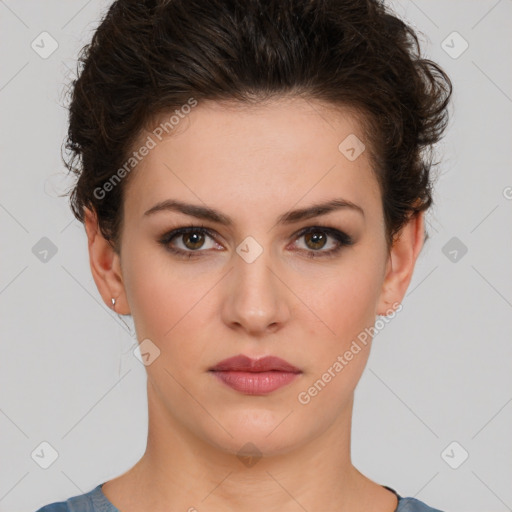 Neutral white young-adult female with short  brown hair and brown eyes