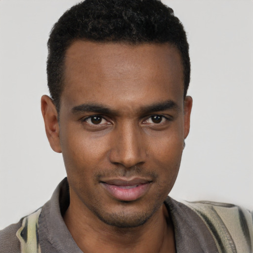 Neutral black young-adult male with short  black hair and brown eyes