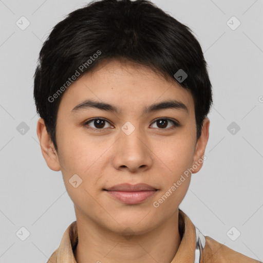 Joyful latino young-adult female with short  brown hair and brown eyes