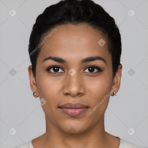 Joyful latino young-adult female with short  black hair and brown eyes