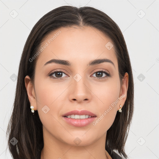 Joyful white young-adult female with long  brown hair and brown eyes