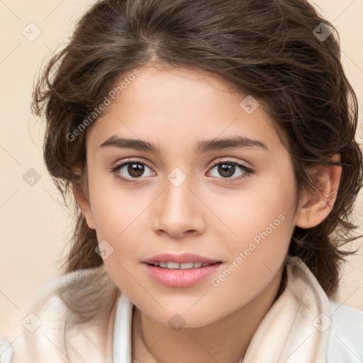 Joyful white child female with medium  brown hair and brown eyes