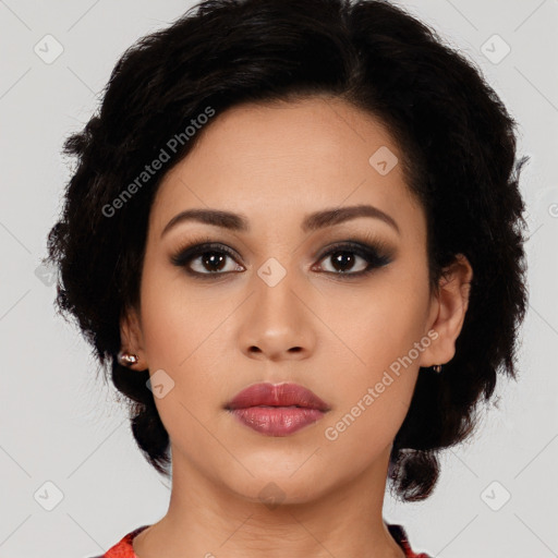 Neutral latino young-adult female with medium  black hair and brown eyes