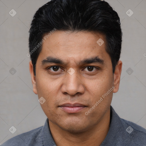 Neutral asian adult male with short  black hair and brown eyes