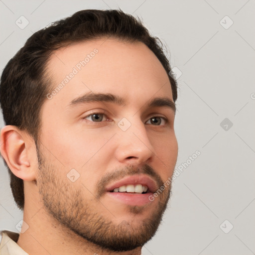 Neutral white young-adult male with short  brown hair and brown eyes