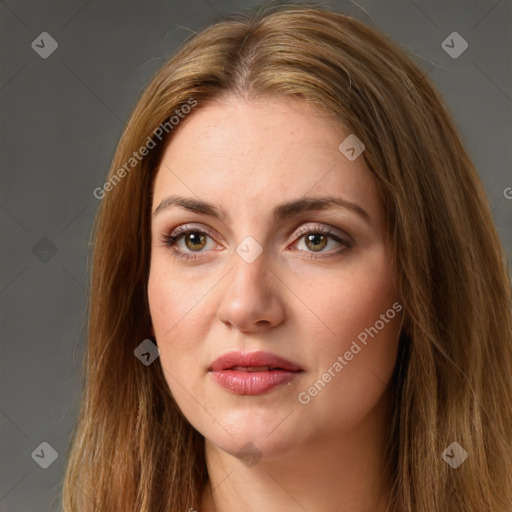 Neutral white young-adult female with long  brown hair and brown eyes