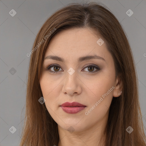 Neutral white young-adult female with long  brown hair and brown eyes