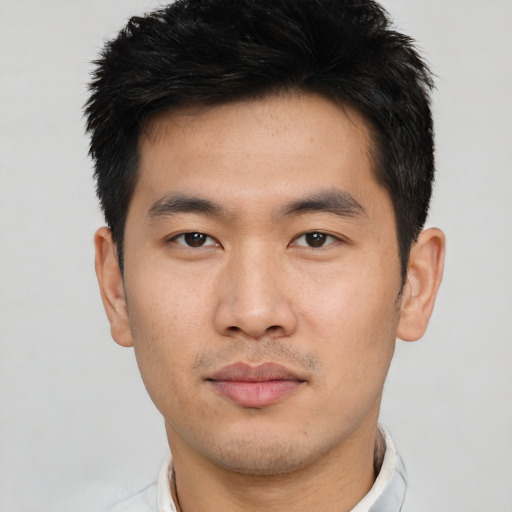 Neutral asian young-adult male with short  black hair and brown eyes